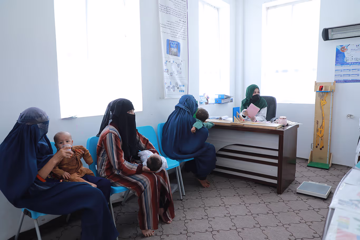 Afghan women and children in doctor's waiting room
